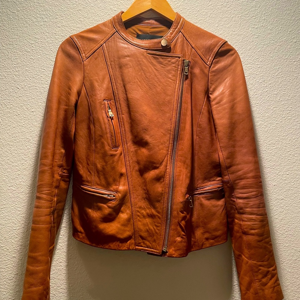 Ann Taylor Tan Leather Jacket Asymmetrical Zipper Fitted Silhouette
